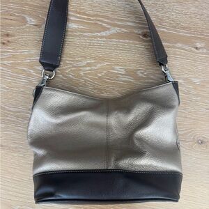 Tignanello Metallic Taupe Shoulder Bag with Dark Brown Trim